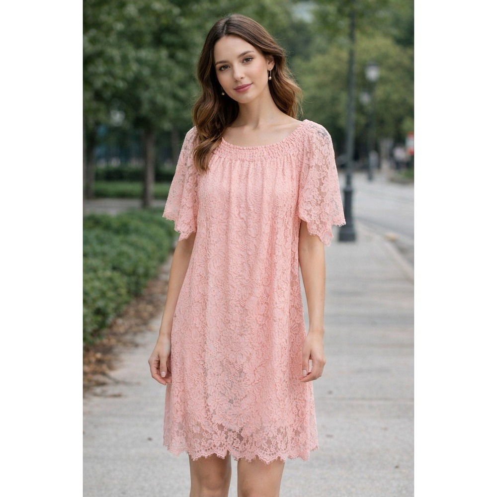 Simply Couture Womens XXL Pink Floral Lace Shift Dress Scalloped Hem SS